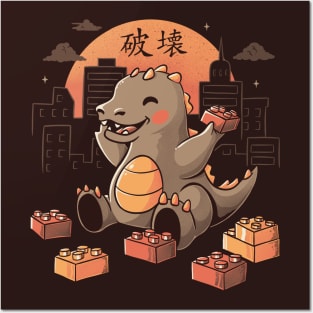 Baby Godzilla Japanese Vintage Destroying City Posters and Art